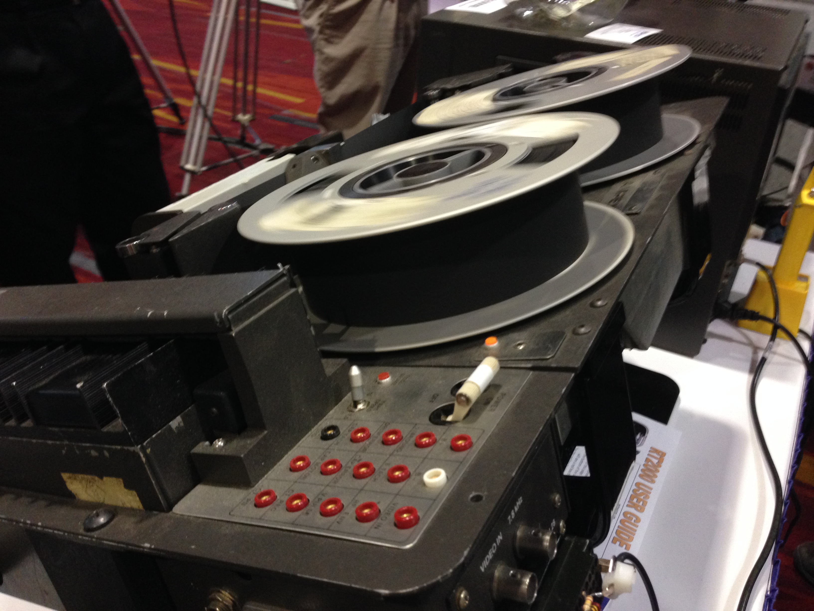 Ampex 3000B in motion. The tape crosses the four video heads at 30 inches per second.