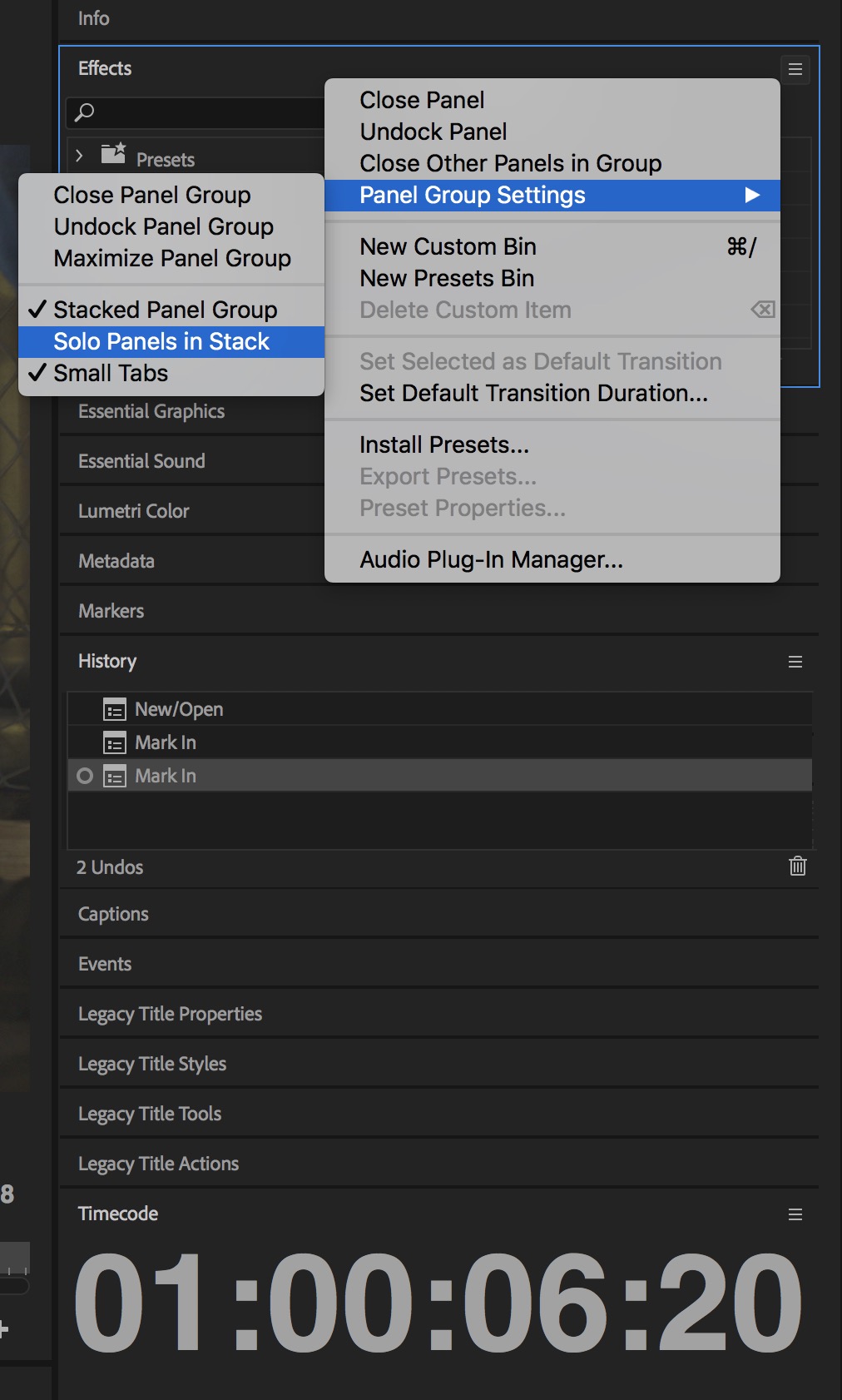 Adobe Premiere Pro stacked panels