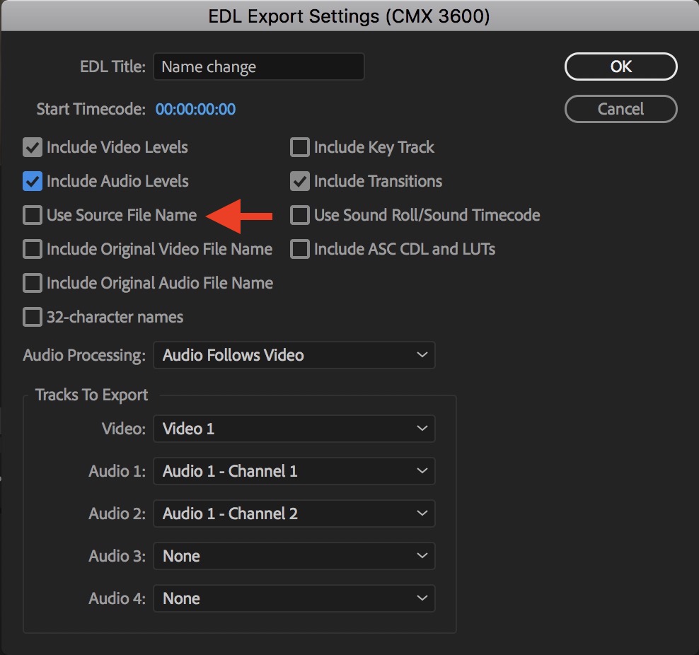 Adobe Premiere Pro EDL settings