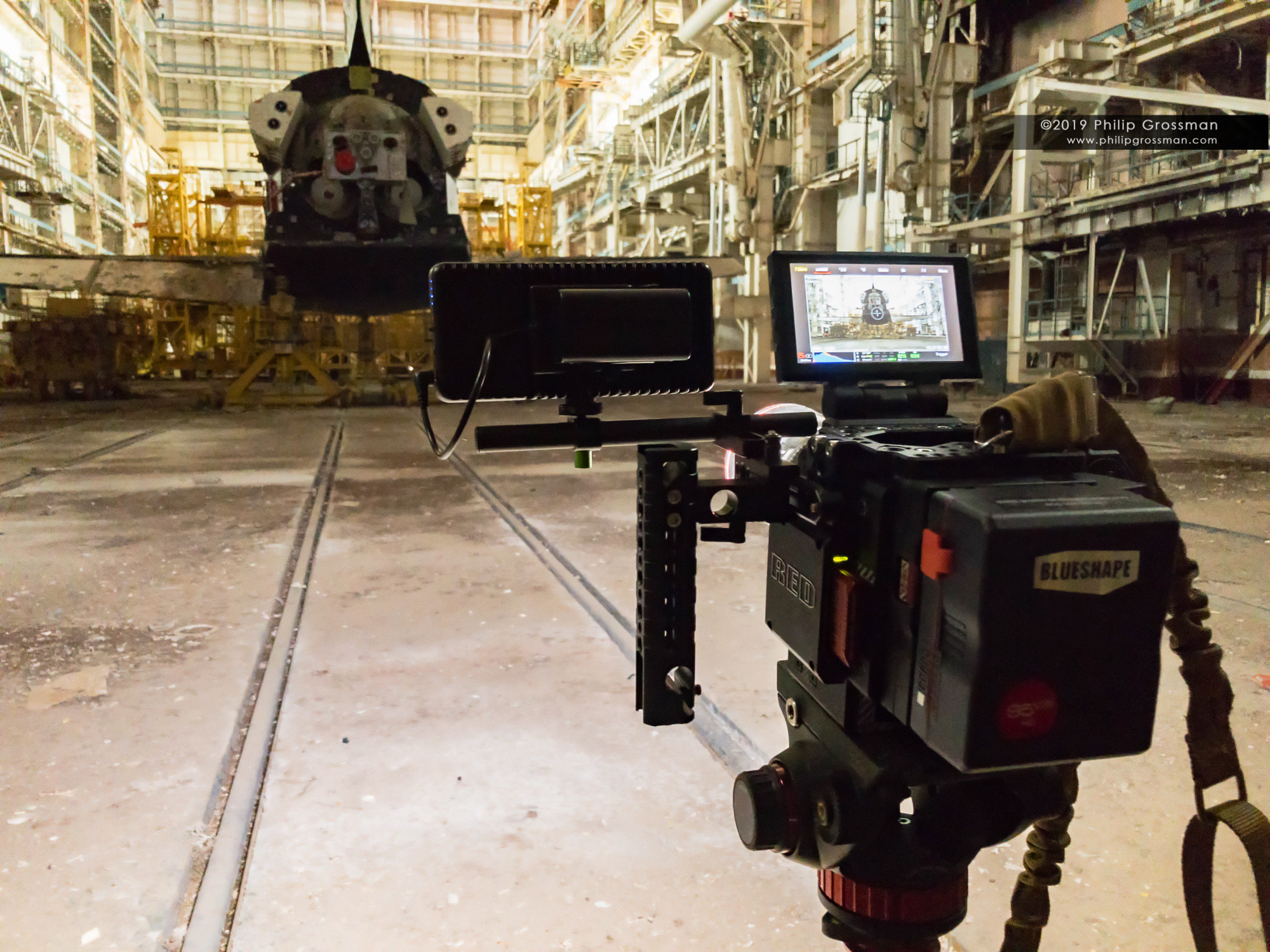 Philip filming inside the Energia-Buran Hazardous Servicing building in the Baikonur Cosmodrome