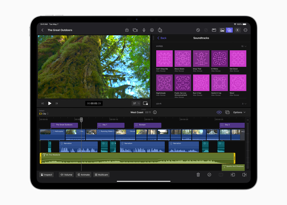 Soundtracks are shown in Final Cut Pro for iPad 2 on a 13-inch iPad Pro in space black.
