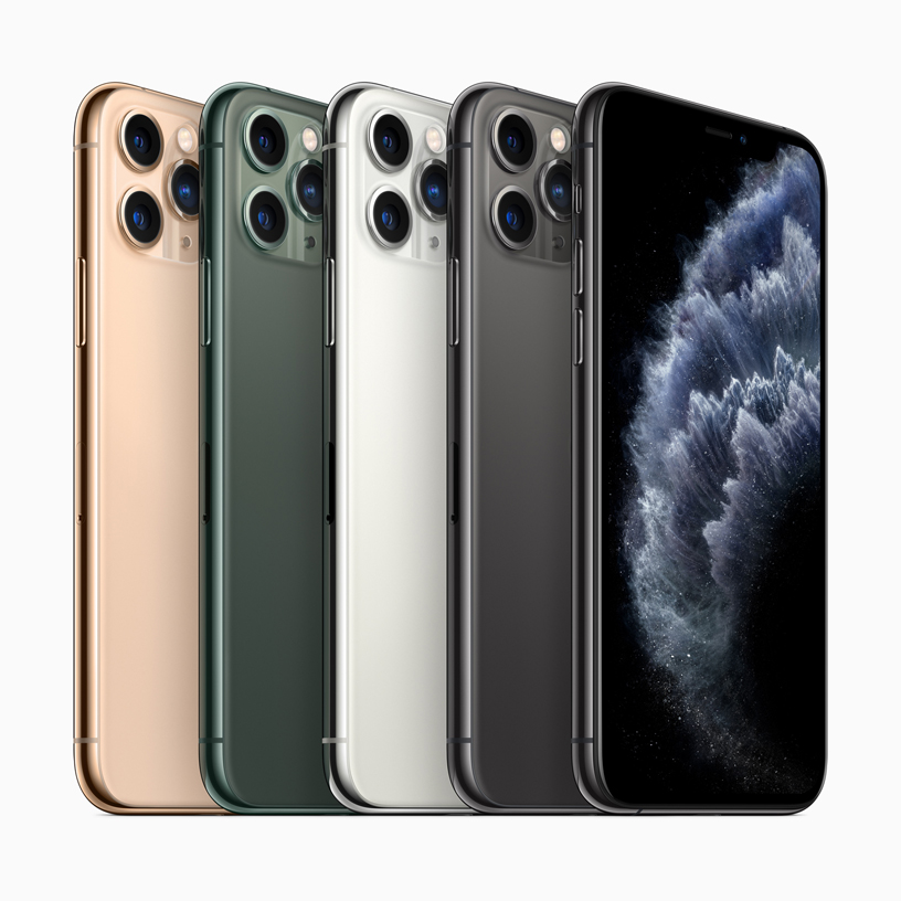 iPhone 11 Pro in midnight green, space gray, silver and gold finishes.