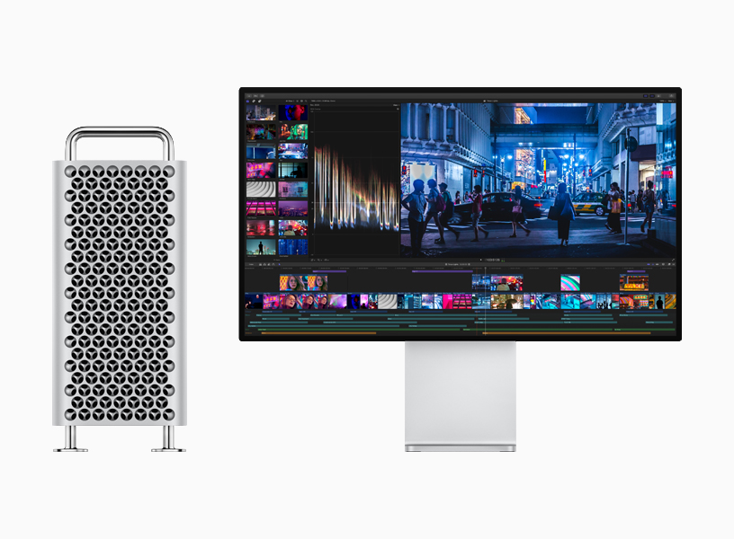 Mac Pro next to Pro Display XDR showing video editing.
