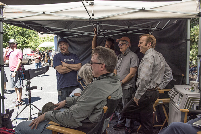 Vince Gilligan, Peter Gould, and Bob Odenkirk - Better Call Saul _ Season 1, Episode 1 _ BTS - Photo Credit: Ursula Coyote/AMC