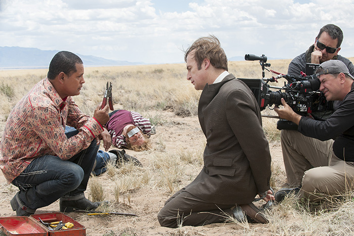 Raymond Cruz as Tuco Salamanca, Steve Levine as Lars and Bob Odenkirk as Saul Goodman - Better Call Saul _ Season 1, Episode 2 _ BTS - Photo Credit: Lewis Jacobs/AMC