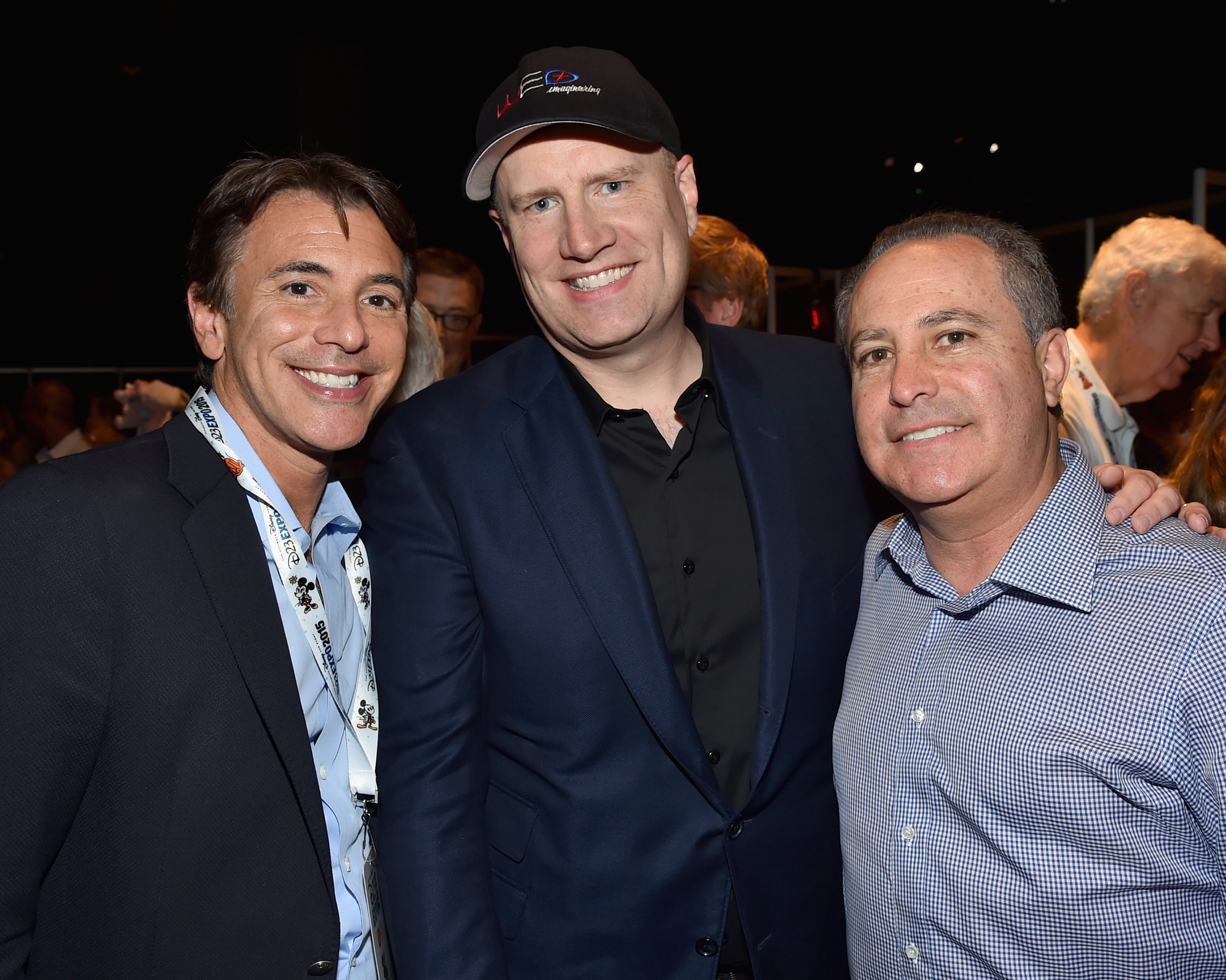 ANAHEIM, CA - AUGUST 15: Producer Kevin Feige of CAPTAIN AMERICA: CIVIL WAR (C) with President of Marketing for The Walt Disney Studios, Ricky Strauss (L) and President, The Walt Disney Studios, Alan Bergman (R) took part today in "Worlds, Galaxies, and Universes: Live Action at The Walt Disney Studios" presentation at Disney's D23 EXPO 2015 in Anaheim, Calif. (Photo by Alberto E. Rodriguez/Getty Images for Disney) *** Local Caption *** Kevin Feige; Ricky Strauss; Alan Bergman