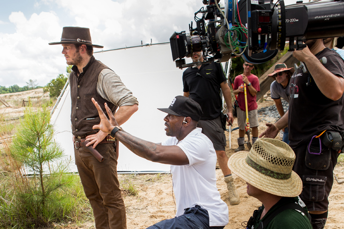 Chris Pratt and director Antoine Fuqua on the set of Metro-Goldwyn-Mayer Pictures and Columbia Pictures' THE MAGNIFICENT SEVEN.