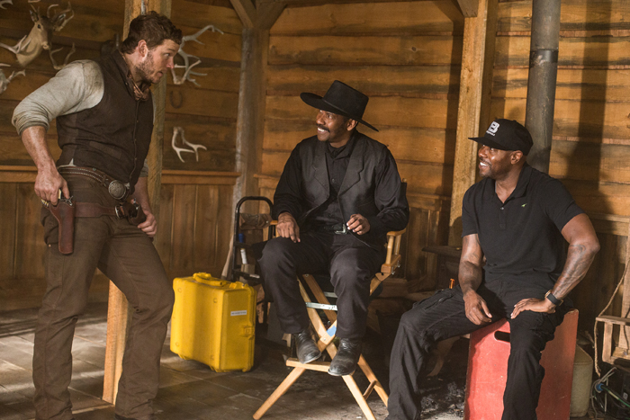 Chris Pratt, Denzel Washington and Director Antoine Fuqua on the set of Metro-Goldwyn-Mayer Pictures and Columbia Pictures' THE MAGNIFICENT SEVEN.