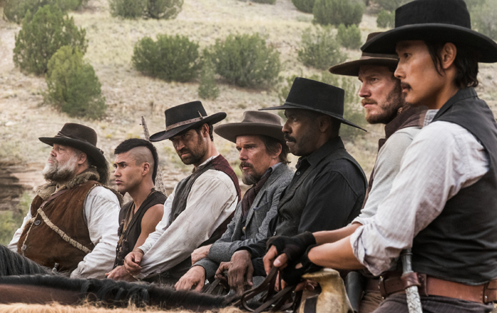 (l to r) Vincent D'Onofrio, Martin Sensmeier, Manuel Garcia-Rulfo, Ethan Hawke, Denzel Washington, Chris Pratt and Byung-hun Lee star in Metro-Goldwyn-Mayer Pictures and Columbia Pictures' THE MAGNIFICENT SEVEN.