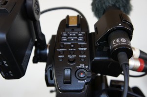 The menu and playback controls on the handle of the PMW-300.