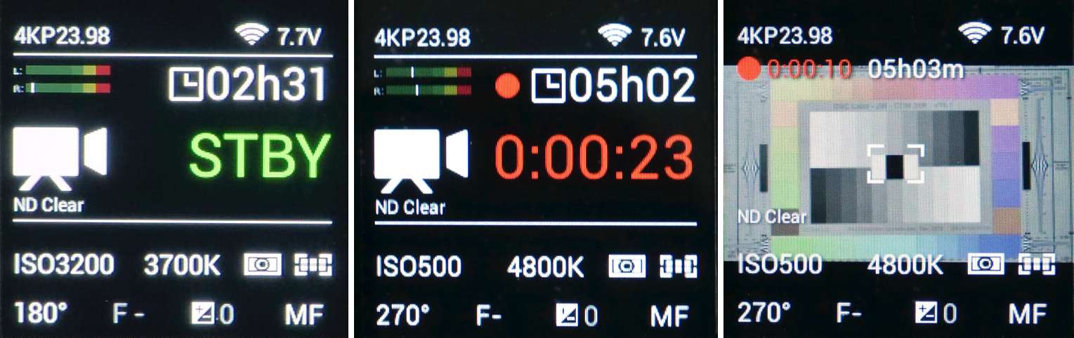Z Cam display: status in standby; status in recording; preview in recording