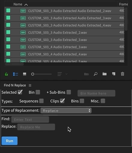 Find N Replace - a very useful Adobe Premiere Pro extension for batch renaming of clips 9