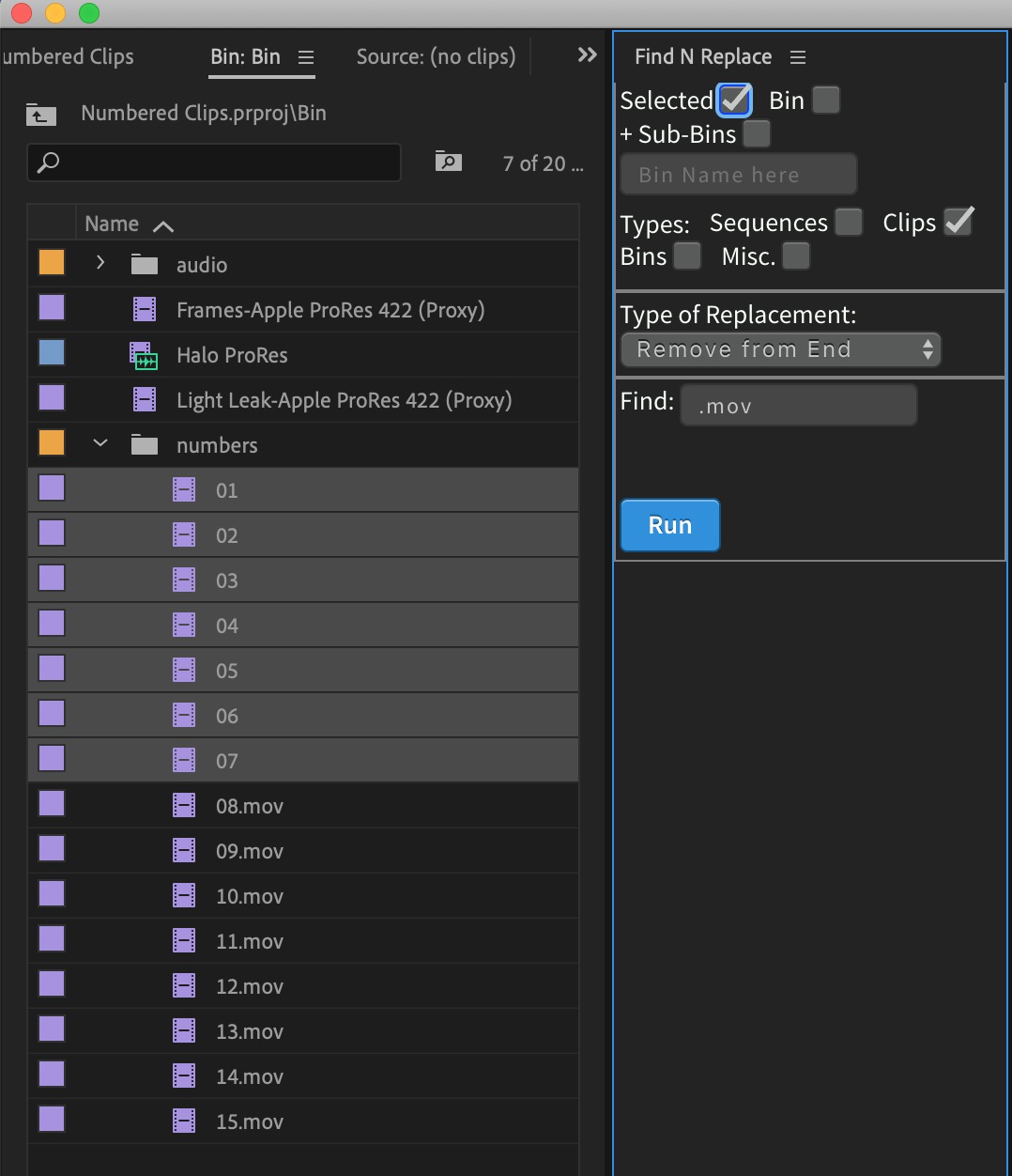 Find N Replace - a very useful Adobe Premiere Pro extension for batch renaming of clips 7