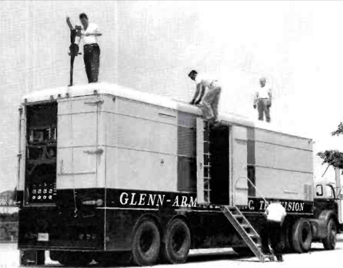 One of the first, if not the first color production/tape truck configurations. This Glenn-Armistead unit is at Edwards Air Force Base, California, doing a Tennessee Ernie Ford Show for NBC in 1961.