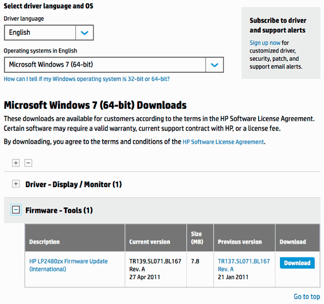 HP Drivers & Support with firmware updater shown