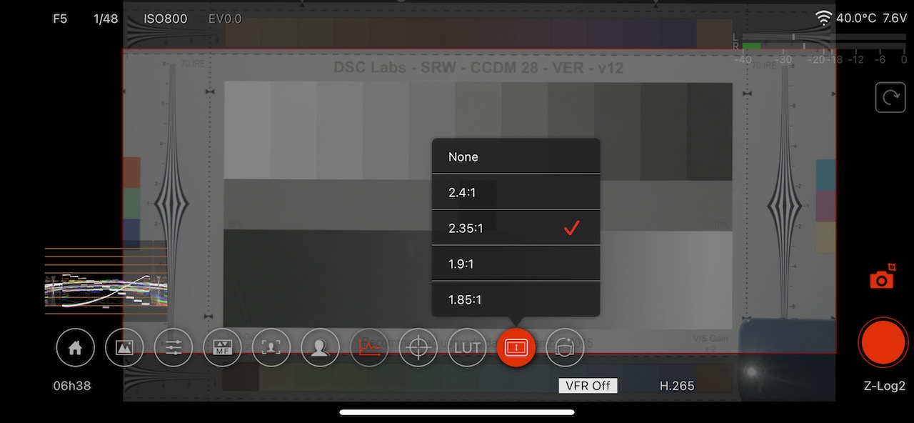 Z Camera Control screen, with quick frameline adjustment shown