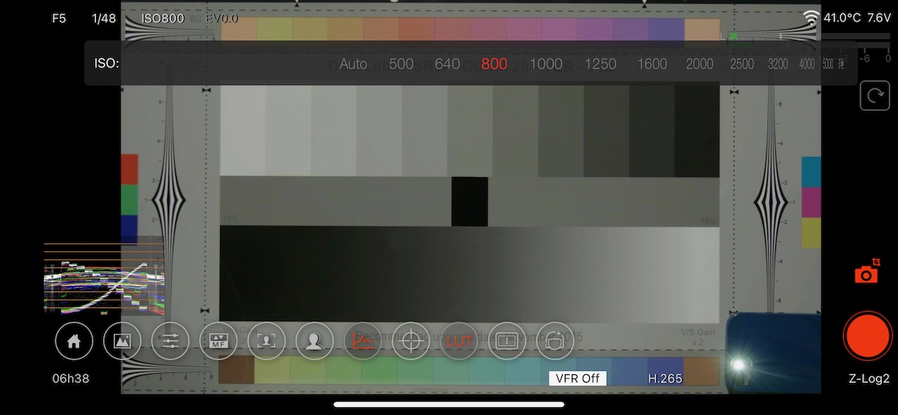 Z Camera Control screen with ISO tape shown
