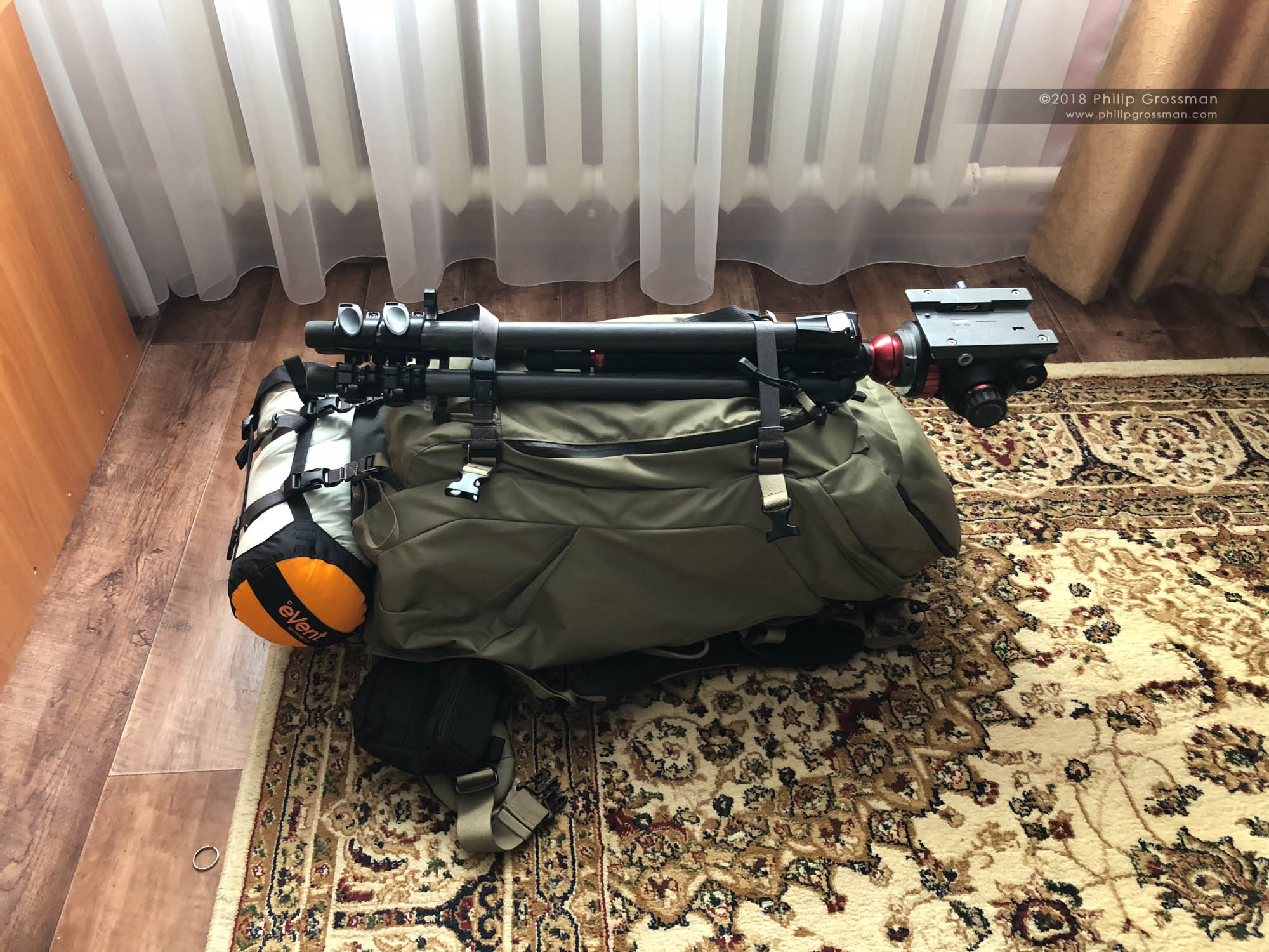 Philip's fStop Gear Suhka bag packed and ready for the 26 mile hike through the Kazakhstan high desert step.