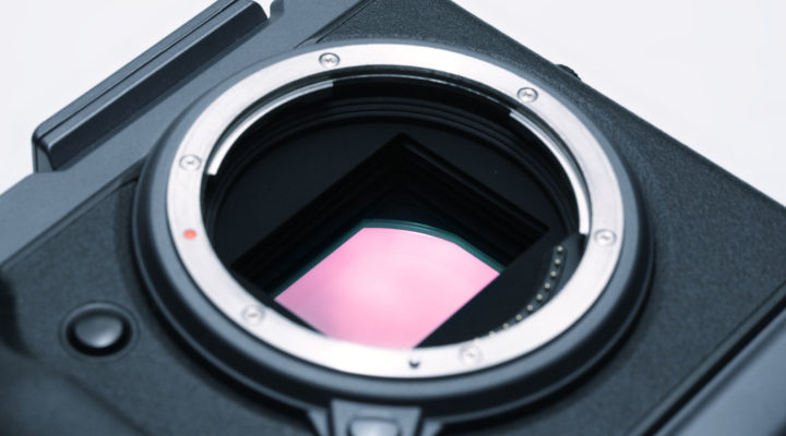 Closeup of the large sensor on a Fujifilm GFX 100 medium format camera