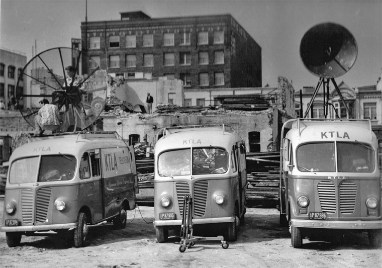 The 2nd generation KTLA remote units on the site of the electroplating plant explosion and fire. KTLA provided the first ever breaking news live coverage of the disaster. From the collection of John Silva.