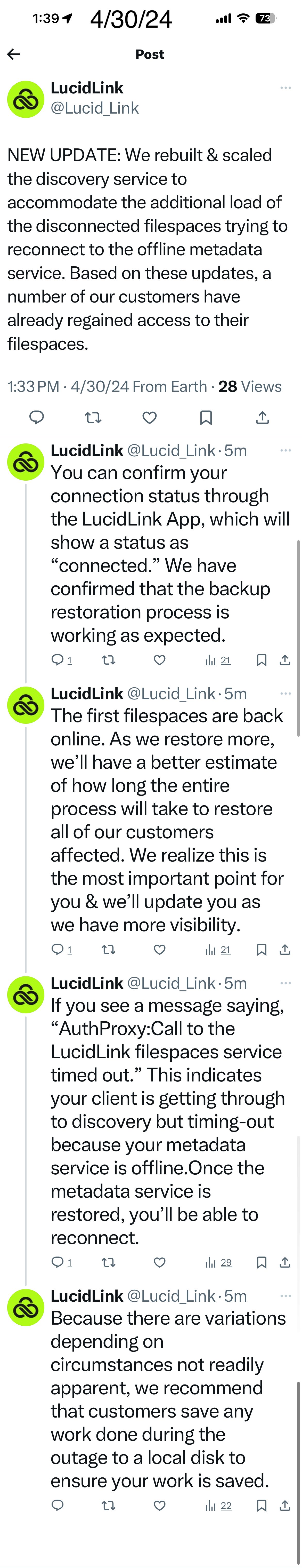 Outage hits LucidLink, updates happening throughout the day, should be coming back online for most users 7