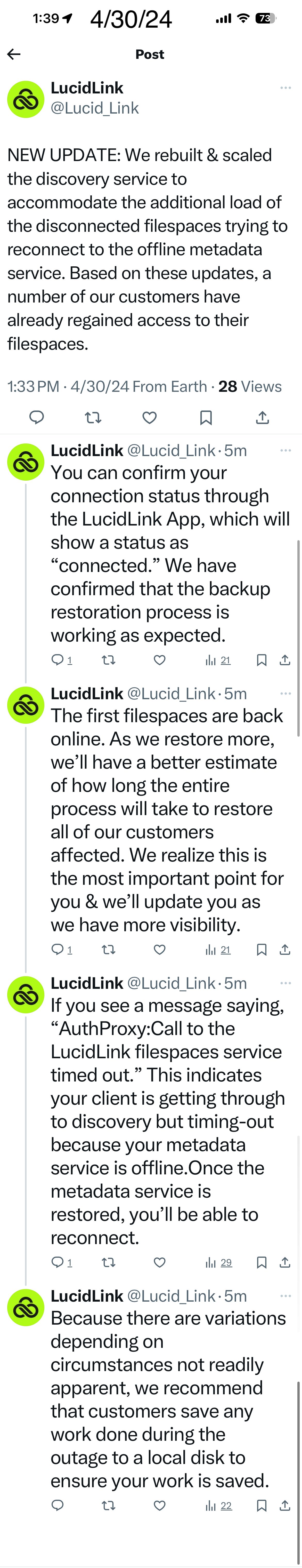 Outage hits LucidLink, updates happening throughout the day, should be coming back online for most users 12 Outage hits LucidLink, updates happening throughout the day, should be coming back online for most users 12