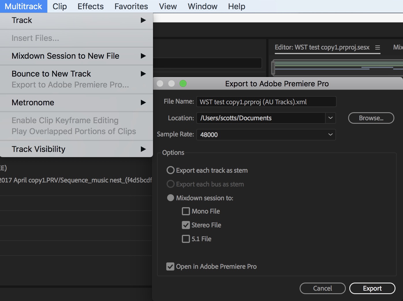 Adobe Audition export to Adobe Premiere Pro