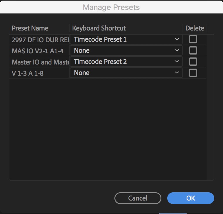 Adobe Premiere Pro timecode manage presets