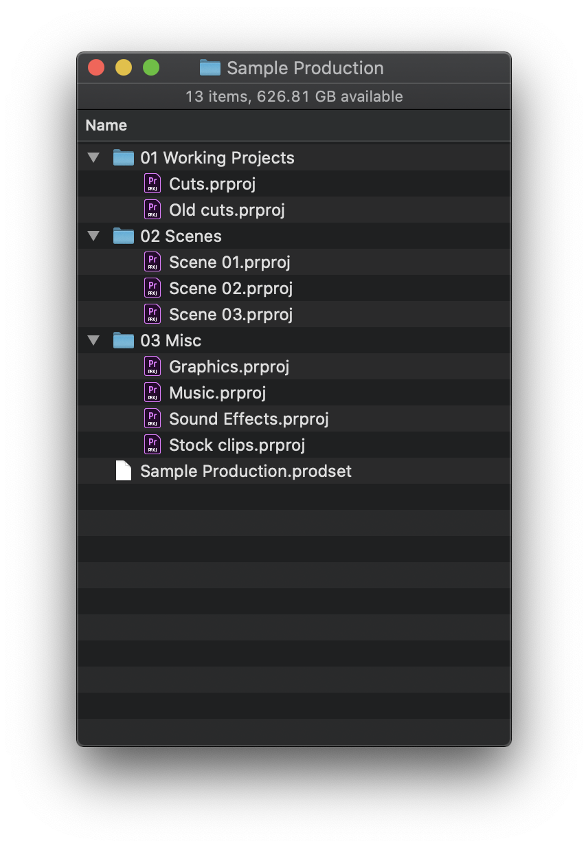 Adobe Premiere Pro Productions in the Mac Finder