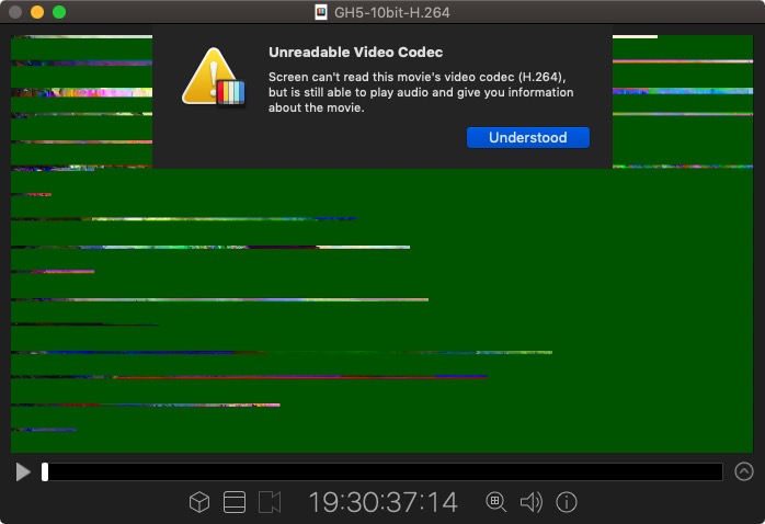 Screen viewer showing "unreadable codec" warning