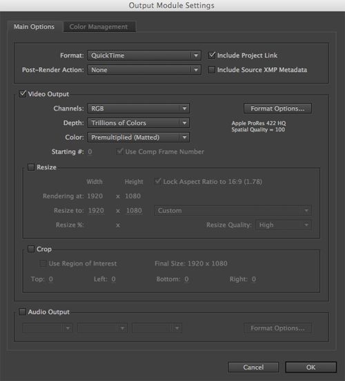AE Render to QT Output Module settings