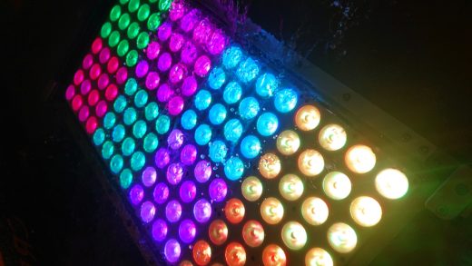 Closeup of a multicoloured panel with lots of LED lights