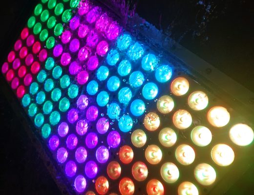 Closeup of a multicoloured LED lighting array