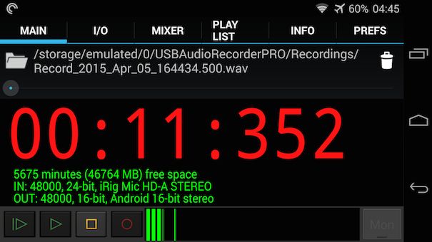 USB Audio Recorder PRO screenshot iRig HD A grabando 605