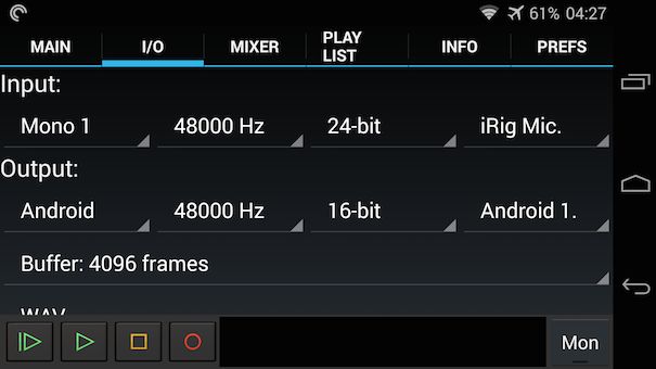 USB Audio Recorder PRO screenshot iRig HD A mono adjustment 605