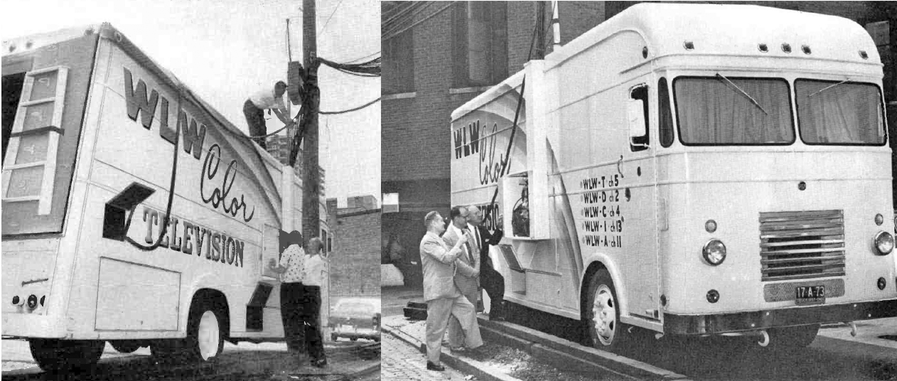 WLWT, Cincinnati, Ohio, new RCA color remote unit. Notice the "cable trough" to tie the unit to the studio systems making it an external control room. From RCA Broadcast News.