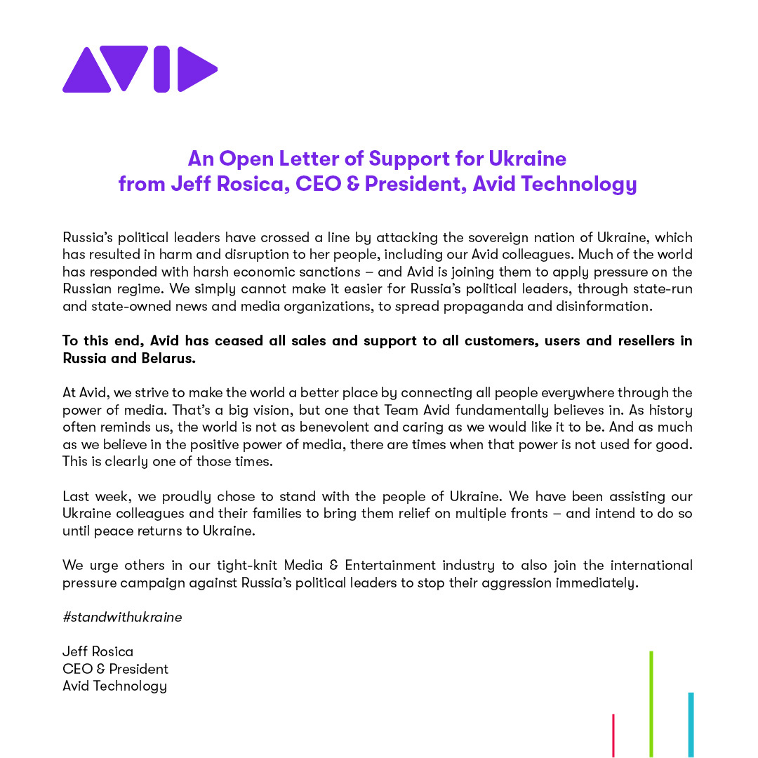 Avid ceased all sales and support in Russia and Belarus