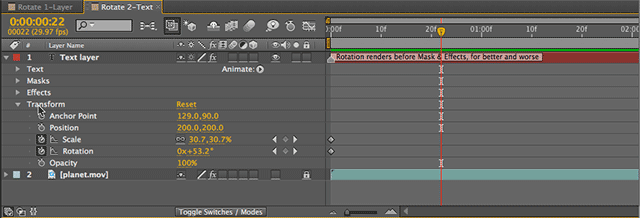 Transform effect in the After Effects timeline