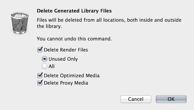 Fig 7. The Delete Generated Files dialog - complete with options for deleting transcoded media.