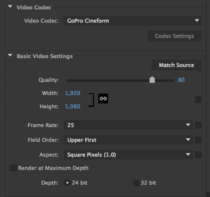 After Effects export options in AME