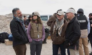 Left to right: Director Glenn Ficarra, Tina Fey, Producer Ian Bryce and Department of Defense Director of Entertainment Media Phil Strub on the set of Whiskey Tango Foxtrot from Paramount Pictures and Broadway Video/Little Stranger Productions in theatres March 4, 2016.