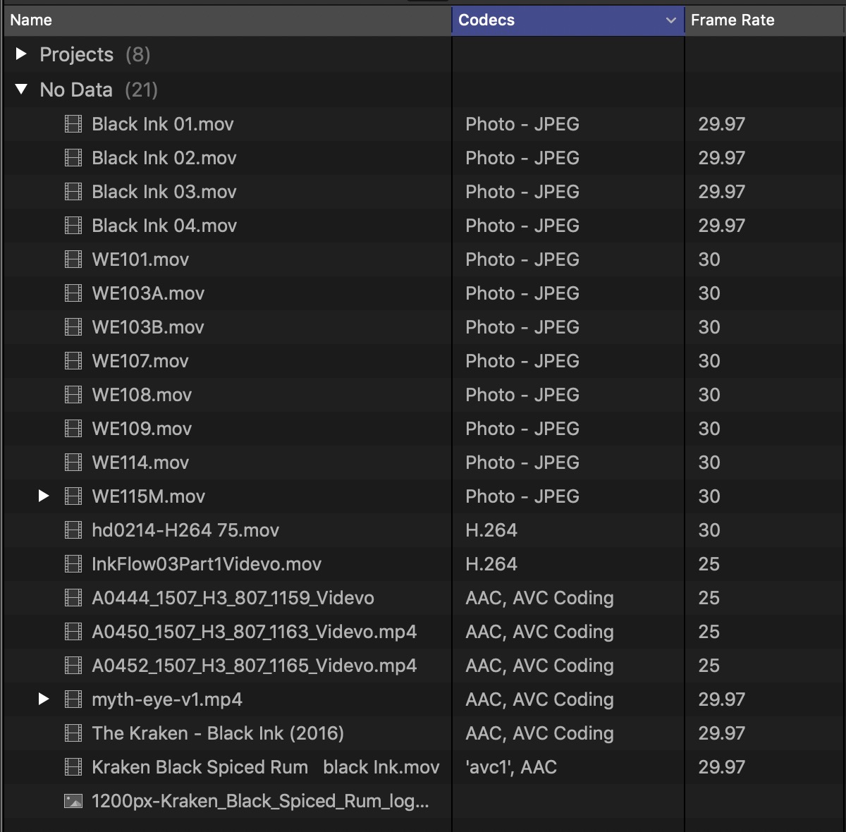 Final Cut Pro X codecs column