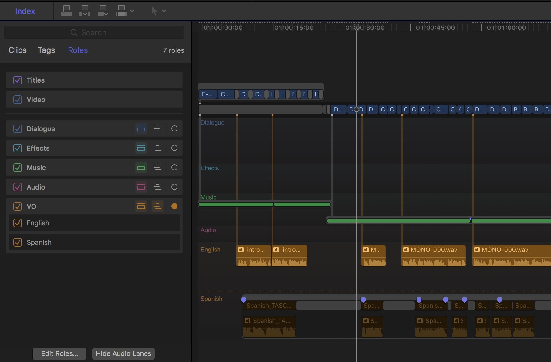 On the left you can see the Audio Roles I’ve assigned in this project. The VO role has two subroles, English and Spanish. On the right you can see those lanes turned on in the timeline.