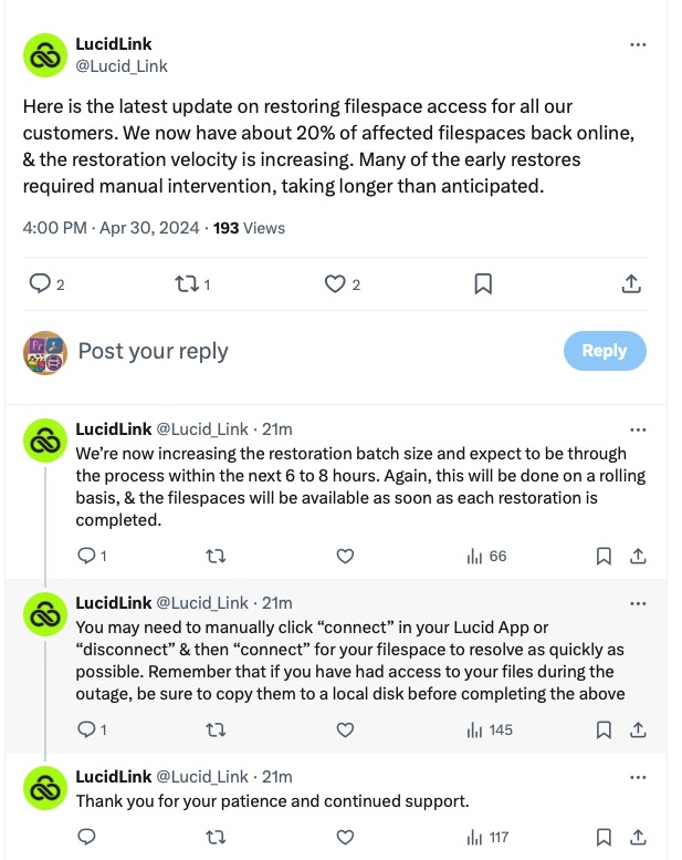 Outage hits LucidLink, updates happening throughout the day, should be coming back online for most users 11 Outage hits LucidLink, updates happening throughout the day, should be coming back online for most users 11