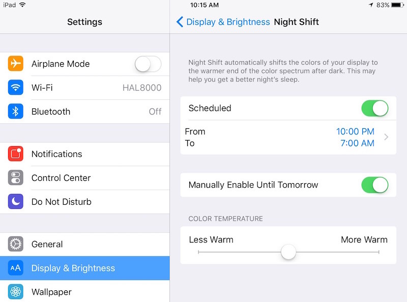 Night Mode is enabled in the iOS device Settings > Displays & Brightness > Night Shift.