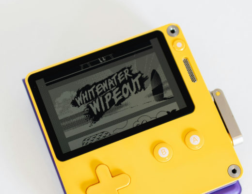 A modern reimplementation of the Nintendo Game Boy with a black on grey transreflective LCD display.