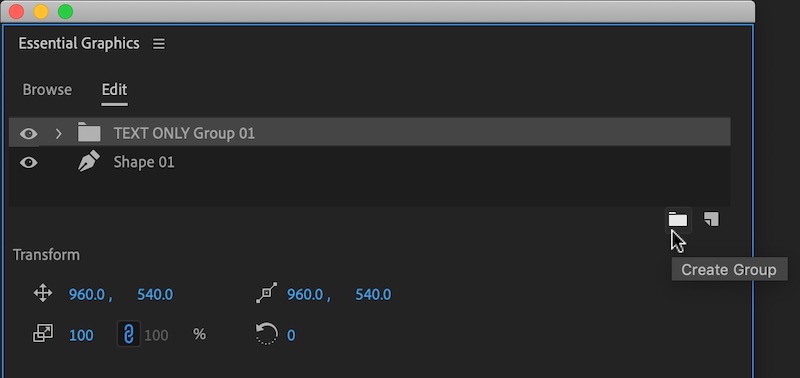 Adobe Premiere Pro Essential Graphics panel grouping