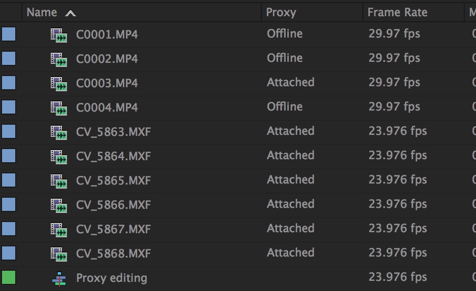 The Proxy column is the key to monitoring the status of the proxy files you have created and attached.