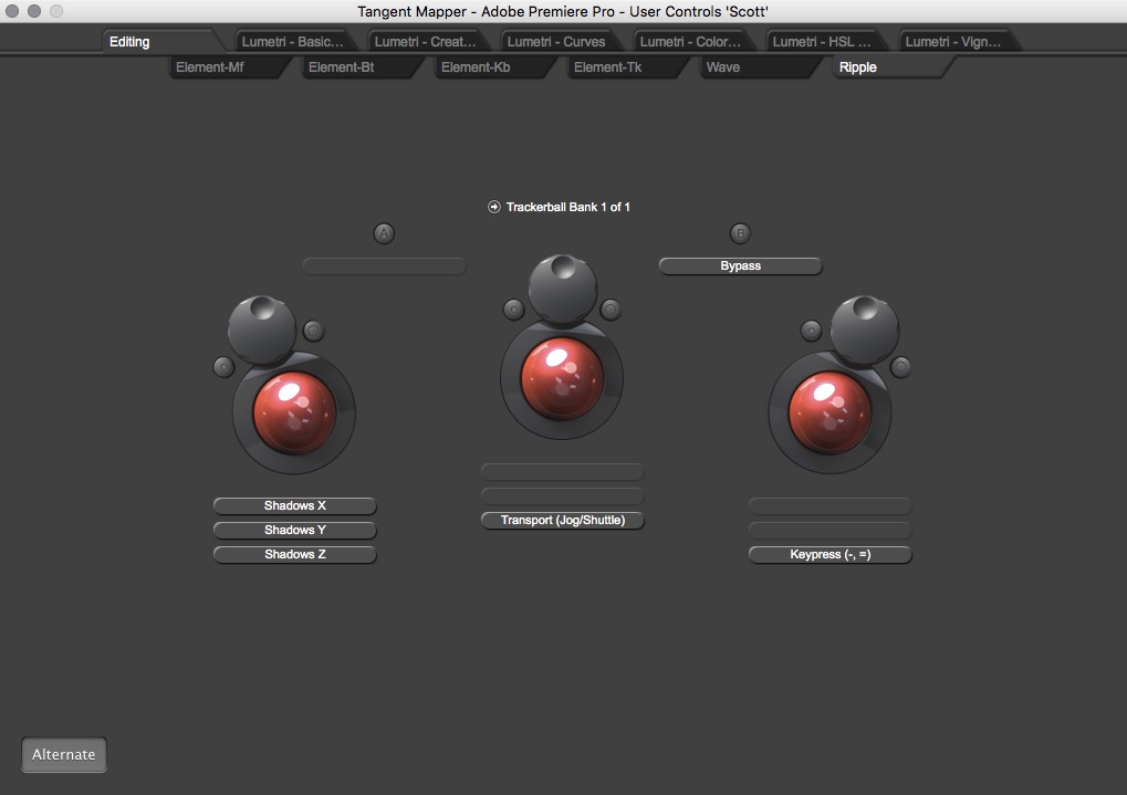 I’ve mapped a keypress to the ALTERNATE modification dial of the right most dial to zoom in Premiere. When in the timeline it’ll zoom the timeline. Notice above the Alternate button is enabled in the Mapper to see what is mapped.