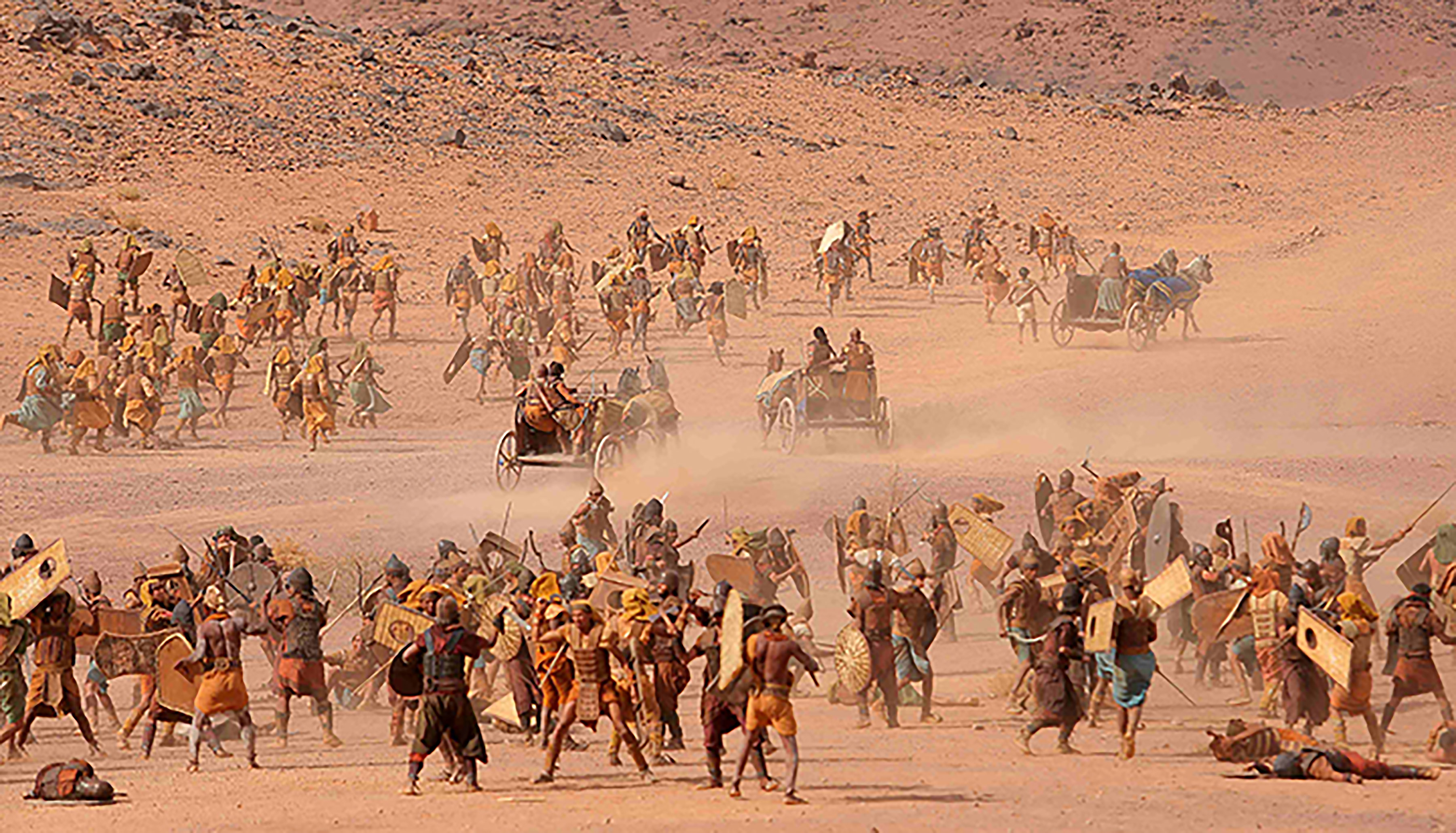 smaller Egyptian soldiers battle their Mitanni enemies